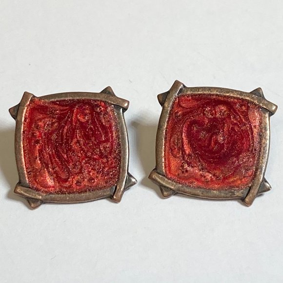 Vintage Copper Enamel Clip On Earrings Orange Red Swirl Artisan Unsigned - Picture 8 of 10